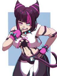 Rule 34 | 1girl, artist request, bare shoulders, black choker, black hair, bracelet, breasts, capcom, choker, female focus, han juri, hand on own hip, heterochromia, highres, jewelry, looking at viewer, matching hair/eyes, medium breasts, midriff, multicolored hair, navel, open mouth, purple eyes, purple hair, smile, solo, spiked bracelet, spikes, street fighter, street fighter 6, teeth, tongue, tongue out