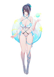 Rule 34 | 1girl, absurdres, bare shoulders, bikini, black hair, blue eyes, breasts, cleavage, colored tips, criss-cross halter, detached sleeves, epic seven, full body, gradient hair, hair over one eye, halterneck, hand up, highres, large breasts, long hair, long sleeves, looking at viewer, lysh, mole, mole on breast, mole under eye, multicolored hair, open mouth, ponytail, sandals, side-tie bikini bottom, simple background, smile, solo, standing, stomach, streaked hair, string bikini, swimsuit, thighs, vivian (epic seven), white background, white bikini