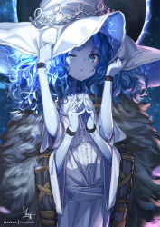 Rule 34 | 1girl, arms up, blue eyes, blue hair, blue skin, cloak, colored skin, cracked skin, doll joints, dress, elden ring, extra arms, fur cloak, hands on headwear, hat, hong (white spider), jewelry, joints, long hair, long sleeves, looking at viewer, one eye closed, parted lips, ranni the witch, ring, signature, solo, steepled fingers, upper body, white dress, white hat, witch hat