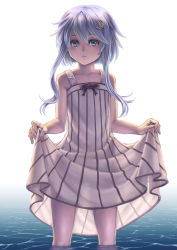 Rule 34 | 10s, 1girl, bad id, bad pixiv id, black bow, blue eyes, bow, clothes lift, collarbone, crescent, crescent hair ornament, dress, dress lift, hair ornament, highres, kantai collection, kosai takayuki, long hair, looking at viewer, parted lips, purple hair, short hair with long locks, simple background, solo, wading, white background, white dress, yayoi (kancolle)