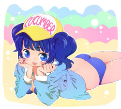 Rule 34 | 1girl, bad id, bad pixiv id, bikini, blue eyes, blue hair, blush, clothes writing, eyelashes, hands on own cheeks, hands on own face, hat, highres, kawashiro nitori, key, looking at viewer, lying, matching hair/eyes, open mouth, pentagon (uzus), pocket, shirt, short twintails, smile, solo, swimsuit, touhou, twintails, two side up