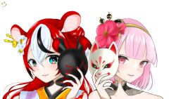 Rule 34 | 2girls, animal ears, black hair, blue eyes, flower, flower on head, hakos baelz, highres, hololive, hololive english, lily lily, mask, mori calliope, multicolored hair, multiple girls, pink eyes, pink hair, mouse girl, red hair, smile, virtual youtuber, white hair
