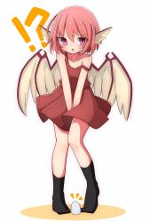 Rule 34 | !?, 1girl, absurdres, alternate costume, animal ears, bare shoulders, bird wings, black socks, blush, brown skirt, commentary request, egg, full body, highres, inon, looking at viewer, mystia lorelei, no shoes, open mouth, pink eyes, pink hair, shadow, simple background, skirt, skirt tug, socks, solo, standing, strap slip, sweat, touhou, v-shaped eyebrows, white background, wings