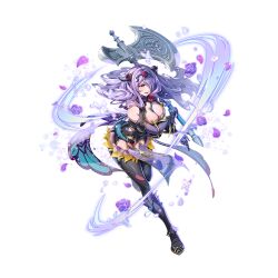 Rule 34 | 1girl, axe, battle axe, black panties, black thighhighs, breasts, camilla (fire emblem), camilla (resplendent) (fire emblem), cleavage, fake horns, fire emblem, fire emblem fates, fire emblem heroes, full body, gloves, hair over one eye, holding, holding axe, holding weapon, horns, large breasts, long hair, nintendo, official alternate costume, official art, panties, purple eyes, purple gloves, purple hair, simple background, solo, tachi-e, thighhighs, thighs, third-party source, underwear, wavy hair, weapon, white background