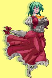 Rule 34 | 1girl, ascot, breasts, center frills, commentary request, frills, full body, green hair, holding, holding umbrella, kazami yuuka, large breasts, looking at viewer, mmmmatimmmmati, one-hour drawing challenge, pixel art, plaid, plaid skirt, red eyes, red skirt, shirt, short hair, simple background, skirt, solo, touhou, umbrella, white footwear, white shirt, white umbrella, yellow ascot, yellow background