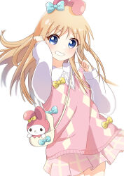 Rule 34 | 1girl, absurdres, animal ears, bag, blonde hair, blue bow, blue eyes, blush, bow, center frills, closed mouth, commentary request, cowboy shot, fake animal ears, frills, grin, hair bow, hands up, highres, index finger raised, long hair, long sleeves, looking at viewer, my melody, niwakanabe, official alternate costume, onegai my melody, open mouth, pink skirt, pink vest, plaid, plaid skirt, pleated skirt, rabbit ears, sanrio, simple background, skirt, smile, solo, standing, stuffed animal, stuffed rabbit, stuffed toy, toshinou kyouko, vest, white background, yuru yuri