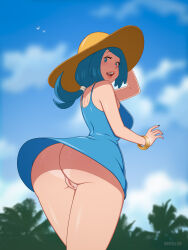 Rule 34 | absurdres, arm up, artist name, ass, back, bare shoulders, blue dress, blue eyes, blue hair, blue nails, bracelet, breasts, cloud, cowboy shot, creatures (company), dress, feet out of frame, from behind, game freak, gluteal fold, hair tie, highres, jewelry, lana&#039;s mother (pokemon), lips, looking at viewer, looking back, medium breasts, medium hair, nail polish, nintendo, no panties, open mouth, outdoors, parted lips, pokemon, pokemon (anime), pokemon sm (anime), pussy, shiny skin, short dress, sinfulline, sky, standing, sundress, tan, tanline, teeth, thighs, uncensored, upper teeth only