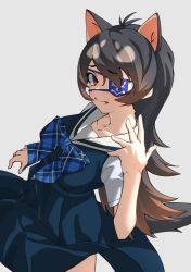 Rule 34 | 1girl, absurdres, animal ears, australian devil (kemono friends), black hair, blue bow, blue bowtie, bow, bowtie, brown eyes, brown hair, commentary, eyepatch, fang, fang out, gradient hair, highres, kemono friends, long hair, looking at viewer, multicolored hair, plaid, plaid bow, plaid bowtie, sailor collar, short sleeves, simple background, solo, tail, tanabe (fueisei)