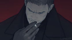Rule 34 | 1boy, beard, brown hair, chris redfield, cigarette, close-up, collared coat, facial hair, frown, male focus, mature male, resident evil, sardine (kjr0313), short hair, sideburns, smoking, solo, stubble, thick eyebrows, upper body