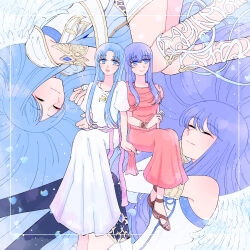 Rule 34 | 2girls, ancient ys vanished, blue eyes, blue hair, chacco suke, closed eyes, closed mouth, dress, feena (ys), full body, harmonica, highres, holding, holding instrument, instrument, jewelry, multiple girls, necklace, open mouth, parted bangs, purple hair, reah (ys), red dress, siblings, sidelocks, sisters, smile, white dress, white wings, wings, ys, ys origin