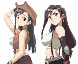 Rule 34 | 1990s (style), 1girl, arm guards, armpits, bare shoulders, belt, black hair, black skirt, breasts, brown eyes, collarbone, cowboy hat, crop top, earrings, film grain, final fantasy, final fantasy vii, fur trim, hat, highres, jewelry, large breasts, long hair, looking at viewer, low-tied long hair, midriff, miniskirt, multiple views, navel, pencil skirt, pleated skirt, retro artstyle, shirt, skirt, sleeveless, sleeveless shirt, smile, sports bra, square enix, suspender skirt, suspenders, tifa lockhart, tifa lockhart (cowgirl), tomboy, tsubobot, very long hair, white shirt
