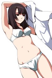Rule 34 | 1girl, arm up, armpits, bra, breasts, brown eyes, brown hair, cleavage, collared shirt, cowboy shot, dutch angle, expressionless, eyebrows, highres, looking at viewer, matsunaga kouyou, navel, original, panties, shirt, short hair, simple background, solo, standing, stomach, underwear, underwear only, white background, white bra, white panties, white shirt