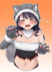 Rule 34 | 1girl, animal ears, bare shoulders, black hair, blush, claw pose, closed eyes, elbow gloves, emu 1316, facing viewer, fangs, fingerless gloves, fukumaru koito, gloves, gradient background, hair down, halloween, halloween costume, highres, idolmaster, idolmaster shiny colors, long hair, nail polish, navel, open mouth, orange background, purple nails, skin fangs, solo, strapless, tail, tube top, upper body, wolf ears, wolf tail