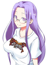 Rule 34 | 1girl, breasts, collarbone, cosplay, fate/stay night, fate/zero, fate (series), glasses, iskandar (fate), long hair, medusa (fate), medusa (rider) (fate), official alternate costume, purple eyes, purple hair, rider (fate/zero), rider (fate/zero) (cosplay), rimless eyewear, shirt, simple background, smile, solo, square pupils, t-shirt, white background, zanku