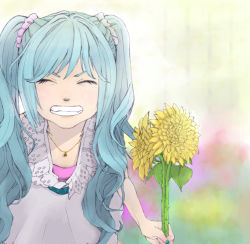 Rule 34 | 1girl, bad id, bad pixiv id, blue hair, closed eyes, flower, grin, hatsune miku, highres, jewelry, necklace, renana (yamasan4649), smile, solo, sunflower, twintails, vocaloid, yamasan (pixiv196093)