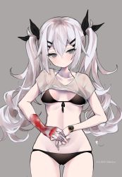 Rule 34 | 1girl, bandaged arm, bandages, bikini, black bikini, black ribbon, blood, bloody bandages, blush, breasts, closed mouth, collarbone, dated, front-tie bikini top, front-tie top, gluteal fold, grey background, grey eyes, groin, hair between eyes, hair ornament, hair ribbon, hairclip, head tilt, long hair, looking at viewer, lowleg, medium breasts, mimelond, original, ribbon, see-through, short sleeves, sidelocks, silver hair, simple background, solo, swimsuit, twintails, very long hair, watch, wristwatch