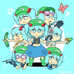Rule 34 | &gt; &lt;, 1girl, :d, anger vein, aqua background, aqua eyes, aqua hair, black gloves, black shirt, blue shirt, blunt bangs, blush stickers, bug, butterfly, chibi, collared shirt, crop top, cucumber, frown, gloves, goggles, goggles on head, green hat, grey shirt, grin, hair bobbles, hair ornament, hair over eyes, hat, highres, insect, jewelry, kawashiro nitori, key, key necklace, looking at viewer, meme, midriff, multiple views, navel, necklace, ok sign, open mouth, pocket, power drill, quarium, shirt, smile, smirk, sparkle, tank top, toon (style), touhou, twintails, twitter username, water gun, wrench