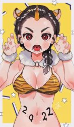 Rule 34 | 1girl, 2022, animal ears, animal print, bikini, black hair, braid, braided ponytail, breasts, claw pose, commentary, fangs, frown, fur collar, fur cuffs, girls und panzer, hair over shoulder, hair ribbon, highres, horns, long hair, looking at viewer, medium breasts, navel, new year, oni horns, open mouth, orange bikini, print bikini, red eyes, ribbon, single braid, single horn, solo, star (symbol), swimsuit, tama launcher, tamada tamaki, tiger ears, tiger print, upper body, white ribbon