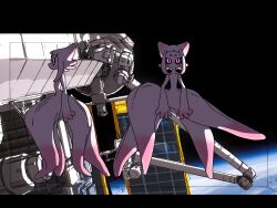 2girls absurdres alien animal_ears anime_coloring arched_bangs arms_at_sides black_outline black_sclera blunt_bangs cat cat_ears cat_girl character_sheet collarbone colored_sclera colored_skin commentary concept_art dual_persona earth_(planet) facing_to_the_side facing_viewer from_side full_body hanabushi highres letterboxed looking_ahead looking_at_viewer multiple_girls multiple_views neko_(hybrid)_(uso_janai)_(zutomayo) neko_(uso_janai)_(zutomayo) no_mouth official_art outline pink_eyes pink_skin planet production_art profile short_bangs short_eyebrows sidelocks slit_pupils space spacecraft symbol-only_commentary tentacles thick_eyebrows turnaround uso_janai_(zutomayo) zutto_mayonaka_de_ii_no_ni