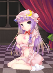 Rule 34 | 1girl, blush, breasts, chinaco, crescent, curtains, female focus, hat, highres, large breasts, long hair, navel, nipples, no pants, open clothes, open shirt, patchouli knowledge, purple eyes, purple hair, shirt, socks, solo, touhou