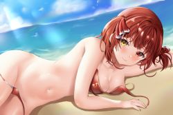 Rule 34 | 1girl, absurdres, bad id, bad pixiv id, beach, bikini, blush, breasts, cloud, day, hair ribbon, heterochromia, highres, hololive, houshou marine, houshou marine (summer), large breasts, long hair, looking at viewer, lying, navel, nekoya minamo, ocean, on side, outdoors, red bikini, red eyes, red hair, red ribbon, ribbon, sand, sky, smile, solo, swimsuit, thighs, twintails, virtual youtuber, water, yellow eyes