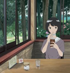 Rule 34 | 1girl, absurdres, ame (amemgmgmg), bad id, bad pixiv id, black hair, cup, day, desk, drinking, drinking glass, flower, forest, green eyes, grey shirt, highres, holding, holding cup, holding drinking glass, huge filesize, indoors, looking at viewer, nature, no smoking, original, parted lips, shirt, short hair, short sleeves, sitting, smile, solo, sugar bowl, window