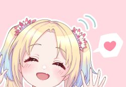Rule 34 | 1girl, ^ ^, blonde hair, blue hair, blush, closed eyes, commentary request, facing viewer, fang, flower, gradient hair, hair flower, hair ornament, hands up, heart, highres, hiyori (20hiyori727), light blue hair, link! like! love live!, long hair, love live!, motion lines, multicolored hair, open mouth, osawa rurino, outline, parted bangs, pink background, pink flower, simple background, skin fang, smile, solo, speech bubble, spoken heart, twintails, virtual youtuber, white flower, white outline