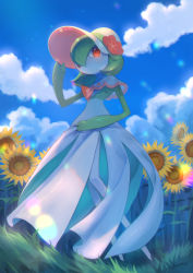 Rule 34 | bonnet, capelet, closed mouth, cloud, colored skin, commentary request, creatures (company), day, flower, from below, game freak, gardevoir, gardevoir (fashionable), gen 3 pokemon, grass, hand on headwear, hand up, highres, kikuyoshi (tracco), looking at viewer, nintendo, orange eyes, orange flower, outdoors, pokemon, pokemon (creature), pokemon unite, signature, sky, smile, standing, sunflower, white skin