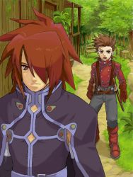 Rule 34 | 0000973988, 00s, age difference, brown eyes, brown hair, father and son, hair over one eye, kratos aurion, lloyd irving, male focus, red eyes, red hair, short hair, tales of (series), tales of symphonia