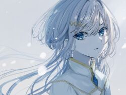 Rule 34 | 1girl, blizzard, blue eyes, blue gemstone, blue hair, collared shirt, gem, gold trim, grey background, hair ornament, hairclip, highres, long hair, looking at viewer, open mouth, original, parted lips, saikisaika, shirt, sidelocks, simple background, snow, snowing, solo, upper body