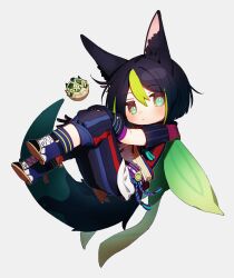 Rule 34 | 1boy, animal ear fluff, animal ears, black gloves, black hair, blush, boots, chibi, closed mouth, coojisan, fox boy, fox ears, fox tail, full body, genshin impact, gloves, green eyes, green hair, grey background, highres, looking at viewer, male focus, multicolored hair, pants, simple background, solo, streaked hair, tail, tassel, tighnari (genshin impact), vision (genshin impact)