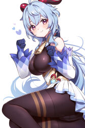 Rule 34 | 1girl, ahoge, alternate costume, bare shoulders, bell, black pantyhose, blue gloves, blue hair, blush, bow, breasts, cameltoe, commentary request, crotch seam, detached sleeves, ganyu (genshin impact), genshin impact, gloves, harupipipi4, heart, highres, horns, long hair, looking at viewer, low ponytail, medium breasts, neck bell, pantyhose, pantyhose under shorts, purple eyes, shorts, sidelocks, solo, thighs, vision (genshin impact), white background, white sleeves