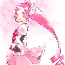 Rule 34 | 1girl, blush, bow, chiikorin, color connection, cosplay, crossover, cure blossom, cure lovely, cure lovely (cosplay), eyelashes, hair ornament, hanasaki tsubomi, happinesscharge precure!, happy, heart, heart hair ornament, heartcatch precure!, image sample, long hair, looking at viewer, magical girl, md5 mismatch, open mouth, pink background, pink bow, pink eyes, pink hair, pink skirt, pink theme, ponytail, precure, puffy sleeves, resized, shirt, sketch, skirt, smile, solo, standing, vest, wide ponytail