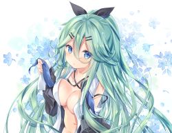 Rule 34 | 1girl, aqua hair, blue eyes, blush, bow, breasts, eyes visible through hair, floral background, flower, hair between eyes, hair bow, hair ornament, hairclip, kantai collection, kurun (kurun777), long hair, long sleeves, looking at viewer, midriff, navel, parted lips, partially undressed, sleeves past wrists, solo, yamakaze (kancolle)