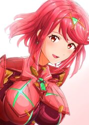Rule 34 | 1girl, bob cut, breasts, chest jewel, dangle earrings, earrings, highres, impossible clothes, jewelry, large breasts, pyra (xenoblade), red eyes, red hair, short hair, short sleeves, skindentation, solo, swept bangs, tiara, to (tototo tk), upper body, xenoblade chronicles (series), xenoblade chronicles 2