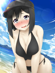 Rule 34 | 10s, 1girl, akitsu maru (kancolle), amau (kosmos), bikini, black bikini, black eyes, black hair, black hat, blush, breasts, cleavage, cloud, cowboy shot, curvy, day, dutch angle, hat, highres, kantai collection, large breasts, leaning forward, lens flare, looking at viewer, open mouth, peaked cap, short hair, side-tie bikini bottom, sky, solo, sun, swimsuit, wide hips