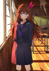Rule 34 | 1girl, alternate costume, aogami high school uniform, arms behind back, black shirt, black skirt, black socks, blue eyes, blue neckwear, blush, breasts, brown hair, chalkboard, classroom, closed mouth, commentary, curtains, day, desk, feet out of frame, hair between eyes, hair flaps, hair ornament, hair ribbon, hololive, hololive error, indoors, kneehighs, light particles, long hair, looking at viewer, medium breasts, miniskirt, pleated skirt, ribbon, sailor collar, school desk, school uniform, serafuku, shirt, skirt, smile, socks, solo, standing, star (symbol), star hair ornament, sunlight, tokino sora, virtual youtuber, wooden floor, yuya (yuya illust)