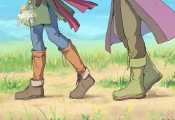 Rule 34 | 2boys, bad id, bad pixiv id, blue pants, boots, brown footwear, camus (dq11), commentary request, day, dragon quest, dragon quest xi, field, fingerless gloves, flower, gloves, grass, green shirt, hero (dq11), holding, lower body, male focus, mondi hl, multiple boys, outdoors, pants, red scarf, scarf, shirt, shoes, walking, white flower, yellow flower