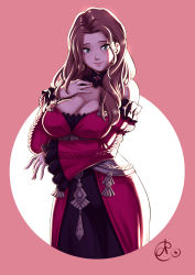Rule 34 | 1girl, asura-00, breasts, brown hair, cleavage, dorothea arnault, dress, earrings, fire emblem, fire emblem: three houses, green eyes, highres, jewelry, large breasts, long hair, looking at viewer, nintendo, ponytail, red dress, smile, solo, tagme