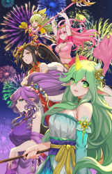 Rule 34 | 5girls, absurdres, alternate costume, alternate hair color, animal ears, arms up, bare shoulders, blue eyes, breasts, circlet, cleavage cutout, clothing cutout, drill hair, elbow gloves, firecracker vayne, fireworks, gloves, green eyes, green hair, grin, hair ornament, highres, horns, janna (league of legends), league of legends, long hair, looking at viewer, lulu (league of legends), magical girl, medium breasts, multiple girls, nami (league of legends), pd (pdpdlv1), pink eyes, pink hair, pointy ears, ponytail, purple hair, single horn, smile, soraka (league of legends), staff, star guardian (league of legends), star guardian janna, star guardian lulu, star guardian soraka, star guardian syndra, syndra, thighhighs, vayne (league of legends), very long hair, white gloves, white legwear, yellow eyes