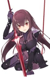 Rule 34 | 1girl, armor, blush, bodysuit, breasts, fate/grand order, fate (series), full body, gae bolg (fate), hayashi kewi, holding, holding weapon, large breasts, long hair, looking at viewer, parted lips, pauldrons, polearm, purple eyes, purple hair, scathach (fate), scathach (fate), shoulder armor, simple background, sitting, smile, solo, weapon, white background
