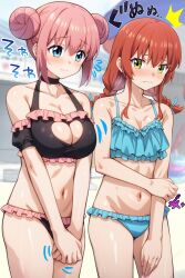 2girls arm_across_chest bikini black_bikini blue_bikini blush bocchi_the_rock! braid breast_cutout breast_envy breasts cleavage closed_mouth collarbone commentary_request cowboy_shot double_bun flying_sweatdrops frilled_bikini frills gotoh_hitori green_eyes hair_between_eyes hair_bun highres kita_ikuyo large_breasts long_hair looking_at_another low_twin_braids multiple_girls nail_polish navel pink_hair pink_nails red_hair ryuhirohumi standing swimsuit translation_request twin_braids two-tone_bikini wavy_mouth