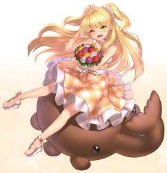 Rule 34 | 10s, 1girl, bare legs, bare shoulders, beetle, belt, blonde hair, blush, bouquet, bracelet, bug, choker, commentary request, dress, eyelashes, fang, flower, green eyes, hair flower, hair ornament, highres, idolmaster, idolmaster cinderella girls, bug, jewelry, jougasaki rika, long hair, looking at viewer, one eye closed, open mouth, sandals, sleeveless, sleeveless dress, smile, solo, two side up, v, yapo (croquis side), yellow dress