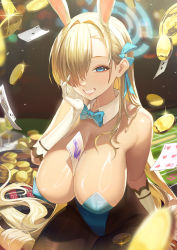 Rule 34 | 1girl, absurdres, animal ears, asuna (blue archive), bare shoulders, between breasts, blonde hair, blue archive, blue bow, blue bowtie, blue eyes, blue leotard, blue ribbon, bow, bowtie, breasts, brown pantyhose, card, card between breasts, casino card table, cleavage, coin, commentary, detached collar, english commentary, fake animal ears, gloves, hair over one eye, hair ribbon, halo, highres, huge breasts, large breasts, leotard, long hair, looking at viewer, mole, mole on breast, navel, pantyhose, playboy bunny, rabbit ears, ribbon, sb (dlwnsrl1783), sitting, smile, solo, table, white gloves
