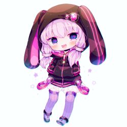 Rule 34 | 1girl, :d, animal hood, bad id, bad pixiv id, black footwear, blue eyes, blush, chibi, crescent, full body, hands in pockets, haru431, hood, hood up, hoodie, long sleeves, looking at viewer, open mouth, purple hair, purple thighhighs, rabbit hood, shoes, short hair with long locks, simple background, smile, solo, sparkle, star (symbol), strap, thighhighs, voiceroid, white background, yuzuki yukari