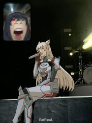 Rule 34 | 1boy, 1girl, animal ears, artist request, cat ears, closed eyes, drum, drum set, fan screaming at madison beer (meme), highres, instrument, long hair, m (xenoblade), meme, microphone, music, n (xenoblade), open mouth, parody, singing, sitting, style parody, tagme, xenoblade chronicles (series), xenoblade chronicles 3