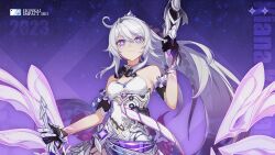 Rule 34 | 1girl, 2023, ahoge, text background, bare shoulders, high ponytail, highres, holding, holding weapon, honkai (series), honkai impact 3rd, kiana kaslana, kiana kaslana (herrscher of finality), looking up, official art, official wallpaper, ponytail, purple background, smile, solo, weapon, white hair