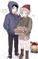 Rule 34 | 0o0 w o0, 2boys, black hair, blonde hair, blush, boots, box, cardboard box, chullo, collared shirt, commentary, craig tucker, english text, food, grey eyes, hand in pocket, hat, highres, holding, holding box, holding food, jacket, long sleeves, male focus, multiple boys, official art inset, one eye closed, pants, pastry, photo inset, shirt, shoes, shorts, sneakers, socks, south park, sweat, tweek tweak, vest, yellow eyes