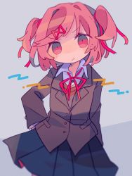 Rule 34 | 1girl, :t, black skirt, blazer, closed mouth, collared shirt, cowboy shot, daizu (melon-lemon), doki doki literature club, grey background, grey jacket, hair intakes, hair ornament, hairclip, hand on own hip, highres, jacket, long sleeves, looking at viewer, natsuki (doki doki literature club), neck ribbon, pink eyes, pink hair, pleated skirt, pout, red ribbon, ribbon, school uniform, shirt, short hair, simple background, skirt, solo, standing, two side up, v-shaped eyebrows, white shirt