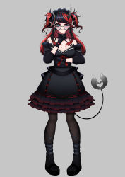 Rule 34 | 1girl, nanashi inc., absurdres, alternate costume, alternate hairstyle, bandaid, bandaid on arm, black collar, black dress, black footwear, black gloves, black hair, black pantyhose, black sleeves, blue eyes, blush, boots, breasts, cleavage, closed mouth, collar, commentary, demon girl, demon horns, demon tail, detached collar, detached sleeves, dress, ear piercing, english commentary, frilled collar, frilled gloves, frilled sleeves, frills, full body, glasses, gloves, gothic lolita, grey-framed eyewear, grey background, highres, horns, large breasts, lolita fashion, long hair, looking at viewer, maid, maid headdress, multicolored hair, pantyhose, pendramon, piercing, pointy ears, red hair, round eyewear, ryugasaki rene, simple background, sleeveless, sleeveless dress, solo, sugar lyric, tail, two-tone hair, two side up, virtual youtuber
